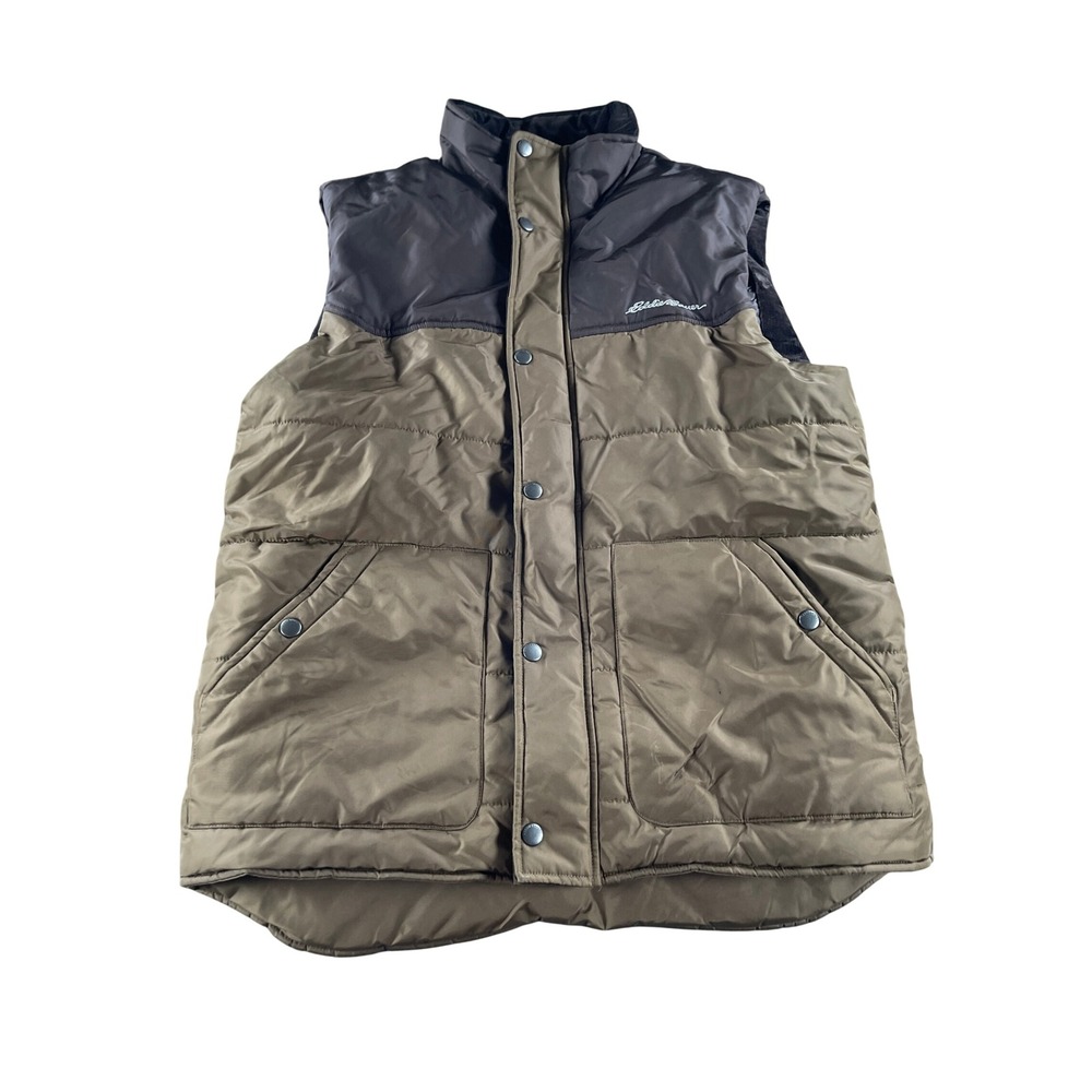 Eddie Bauer Mens Puffer Vest Brown Green Quilted Snap Front Corduroy Trim Medium